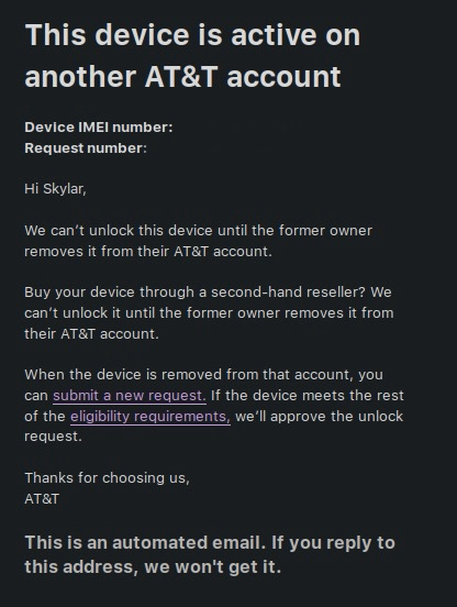 Screenshot of AT&T email stating “We can’t unlock this device until the former owner removes it from their AT&T account”