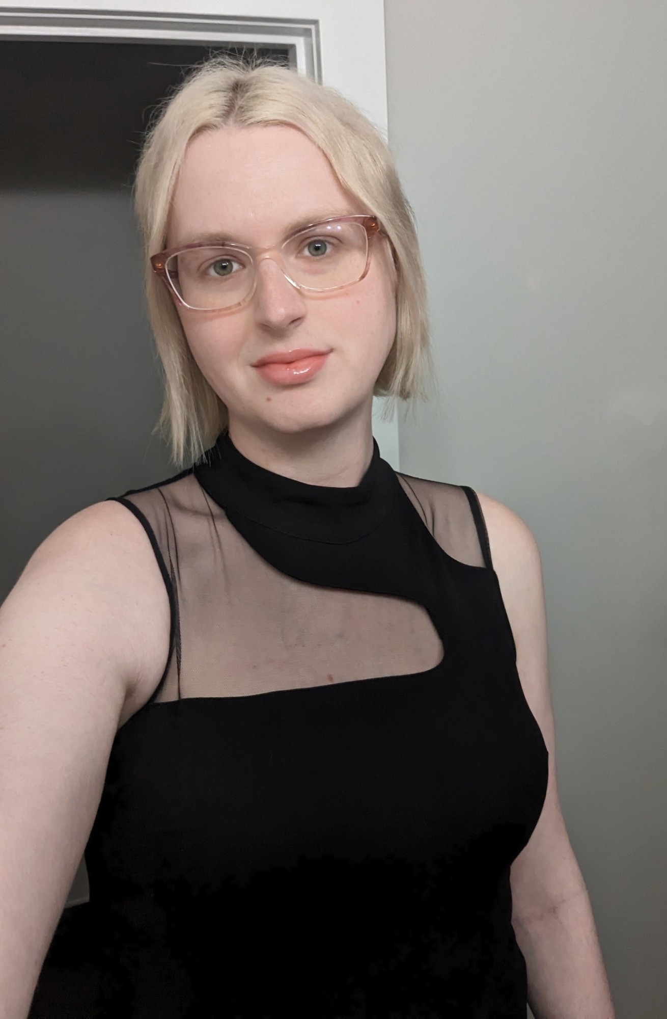 Sky wearing a black dress that goes up to her neck, but has mesh cutouts on the shoulders and down to the breasts