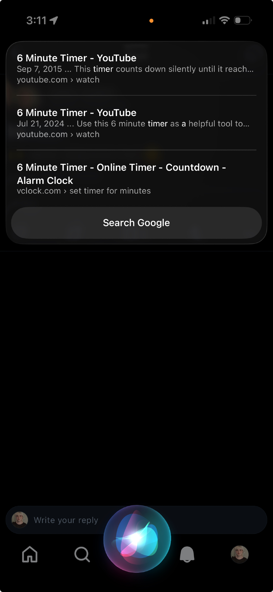 An iPhone screenshot, with Siri open - the list of links at the top reads "6 Minute Timer - Youtube", "6 Minute Timer - YouTube", "6 minute Timer - Online Timer - Countdown - Alarm Clock" and below th