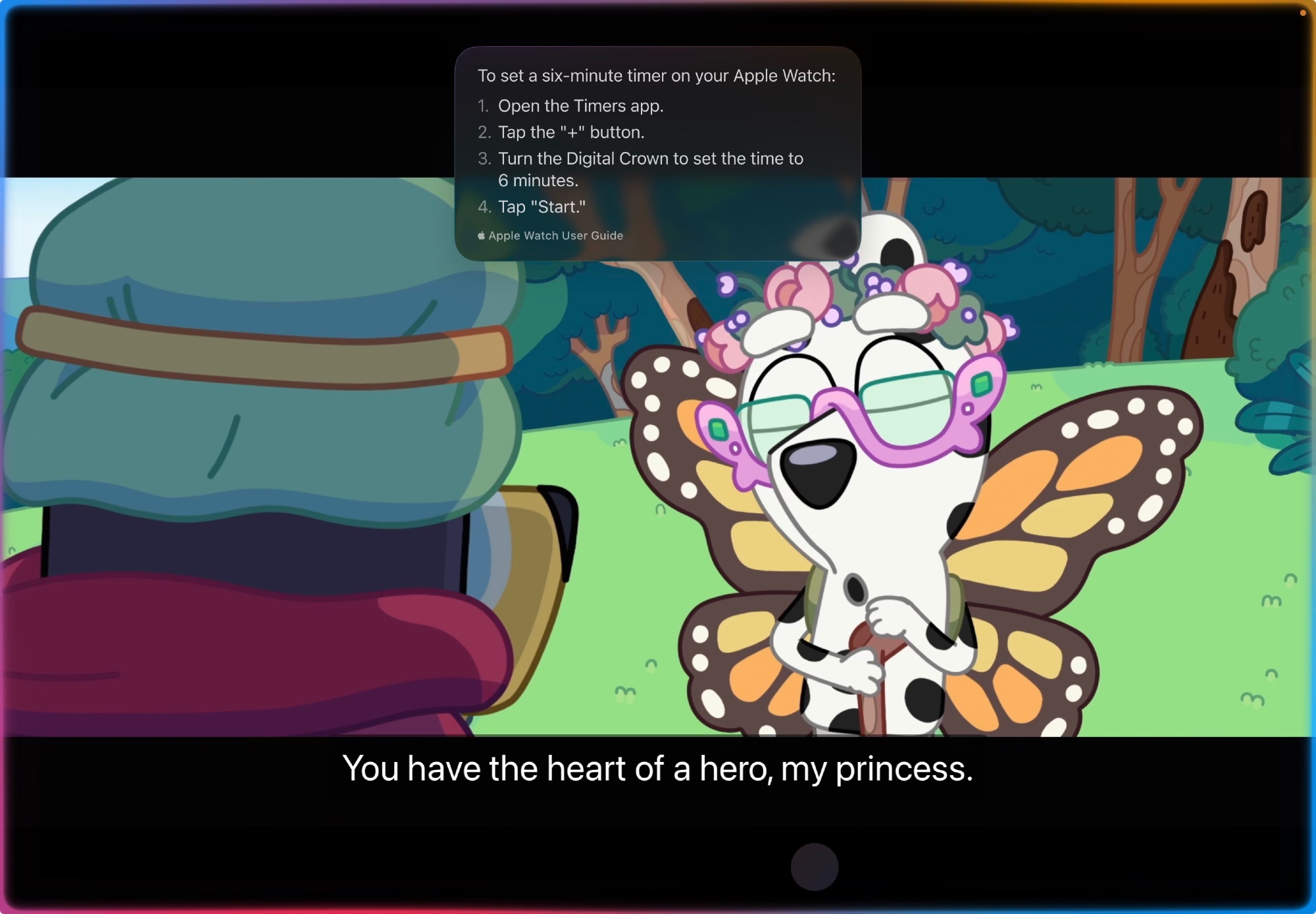 An iPad screenshot with Siri open, showing a response at the top of the screen that reads: "To set a six-minute timer on your Apple Watch: 1. Open the Timers app. 2. Tap the "+" button. 3. Turn the Di