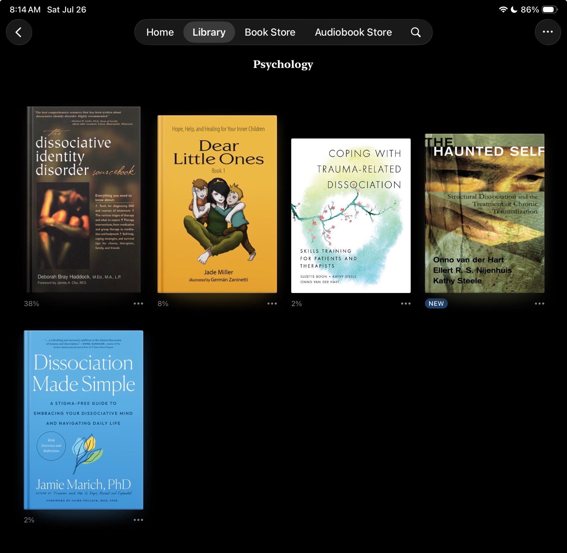 a screenshot of Apple Books on Zari's iPad, showing their Psychology collection with a myriad of books about Dissociative Identity Disorder. From left to right: "The Dissociative Identity Disorder Sou