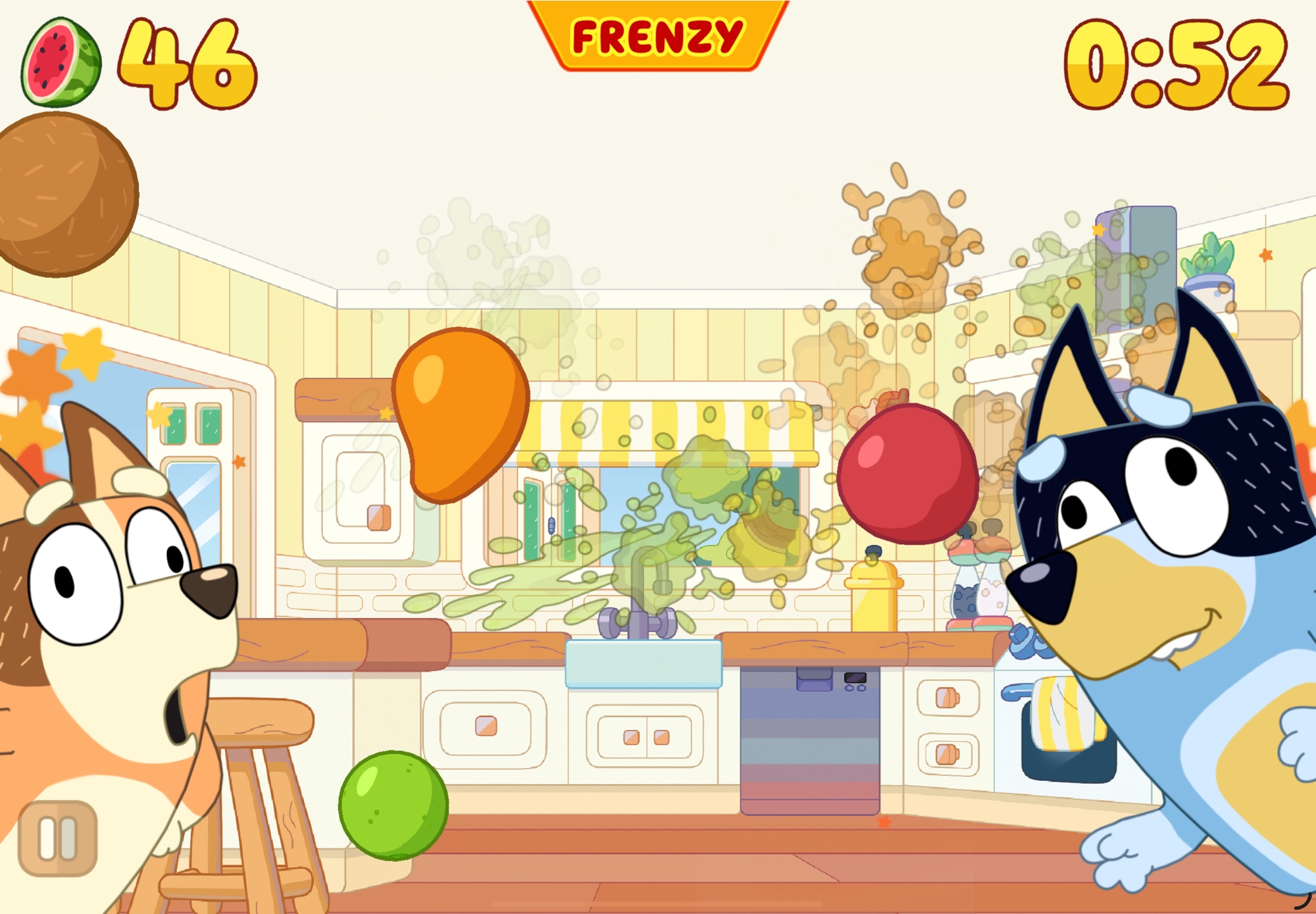 a screenshot of Fruit Ninja Classic+ from an iPad. The background is the kitchen from Bluey, and in the foreground is Chilli on the left squawking like a chicken from the episode “Asparagus” and Bandi