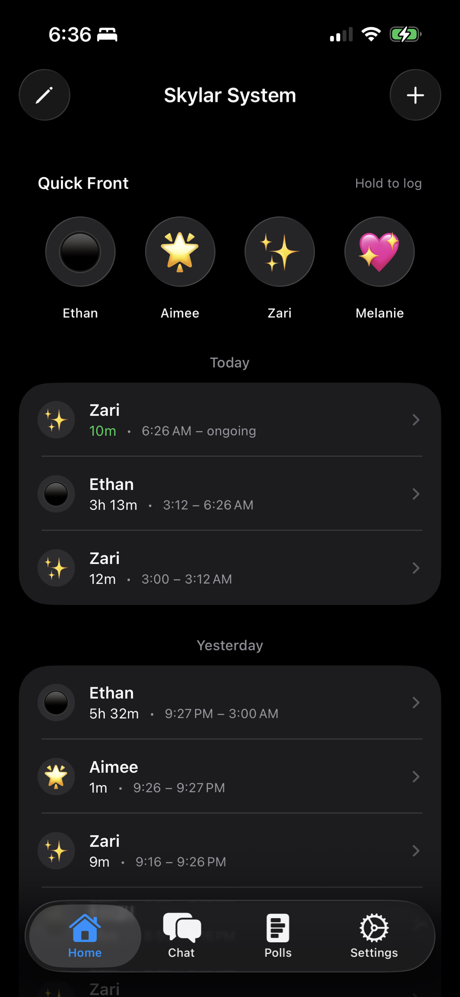 a screenshot of an unreleased app by us — the homepage says “Skylar System” at the top with an edit button to the left and a plus button to the right. below that are four circles in a section called “