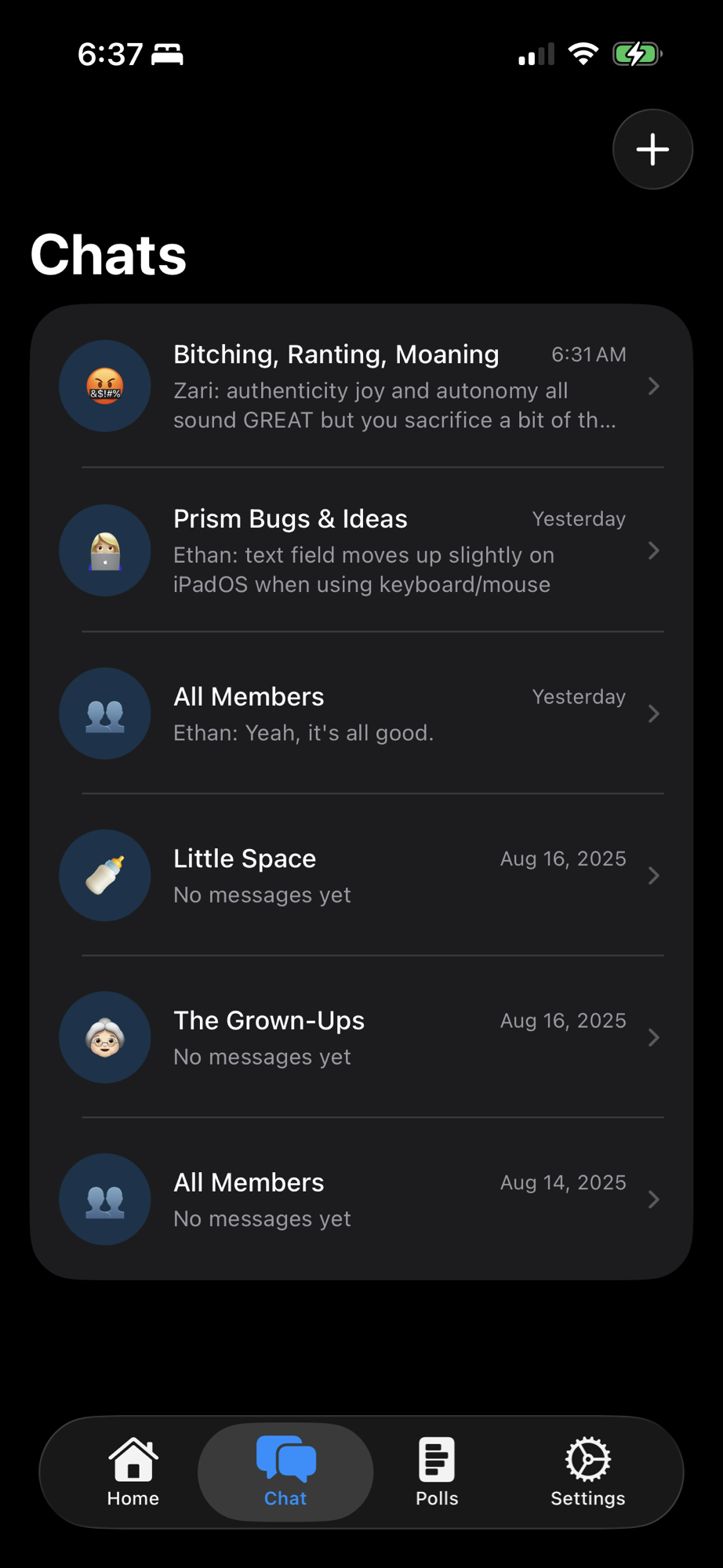 a screenshot of an unreleased app by us — the top reads “Chat” and has a plus button. Below that is a list of conversations reading: Bitching, Ranting, Moaning Zari: authenticity joy and autonomy all 