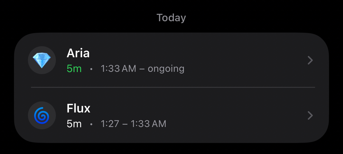a screenshot of our in-development plurality tracking app showing two front entries reading: 💎 Aria 5m • 1:33 AM - ongoing 🌀 Flux 5m • 1:27 - 1:33 AM