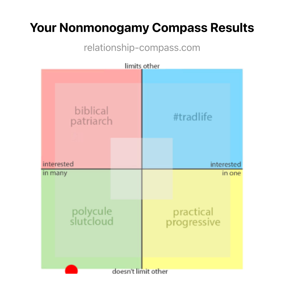 https://relationship-compass.com/ test results, my score is in the bottom left quadrant (top: limits other, right: interested in one, bottom: doesn’t limit other, left: polycule slutcloud) the four qu