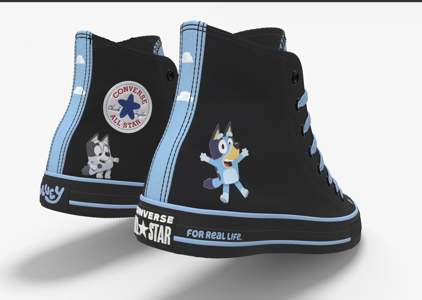 custom bluey x converse high top shoes, black with black sole and a blue rear stripe with white clouds. on the outsides there is a graphic of bluey with a blue stripe on the rubber sole and the text “