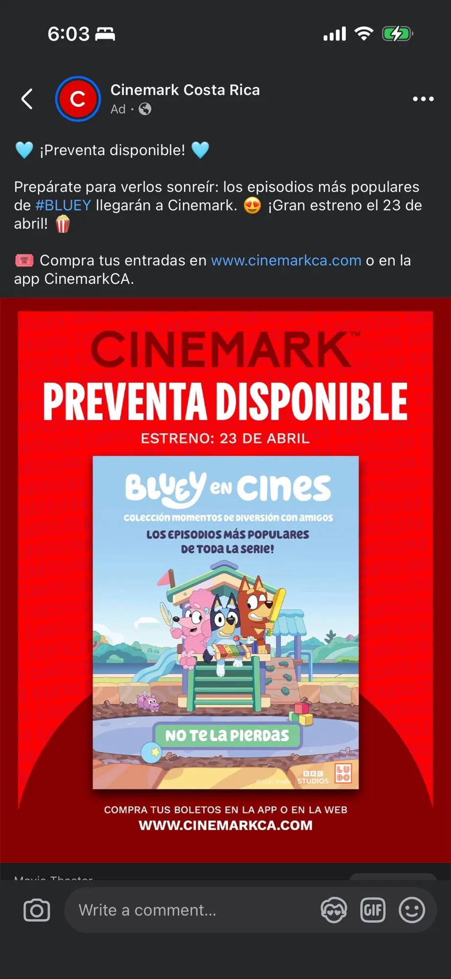 A Facebook ad from Cinemark Costa Rica announcing the "Bluey in Cinemas" event. The post features a movie poster of Bluey, Bingo, and Coco on a playground fort, announcing a premiere date of April 23rd and that presale tickets are available.