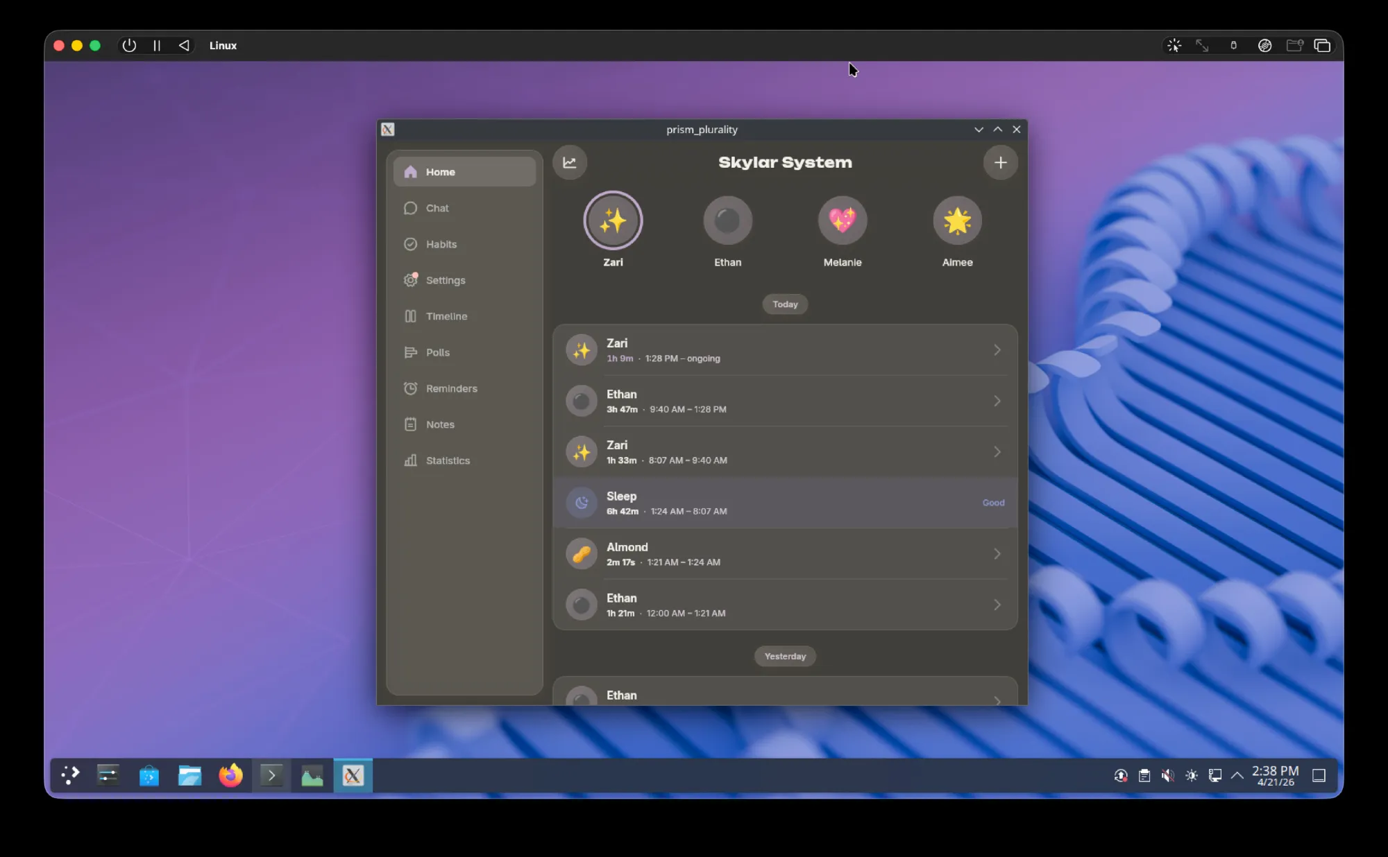 a screenshot of a macOS window running a Linux virtual machine. inside there's one window, running a desktop copy of Prism Plural. 